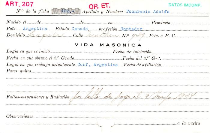 Ficha de miembro de Adolfo Focaracio.