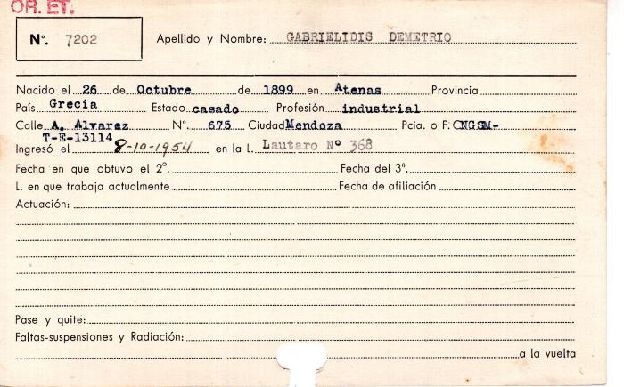 Ficha de miembro de Demetrio Gabrielidis.