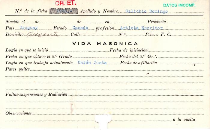 Ficha de miembro de Domingo Galichio.