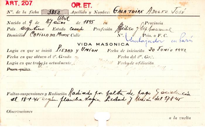 Ficha de miembro de Adolfo José  Galatoire.