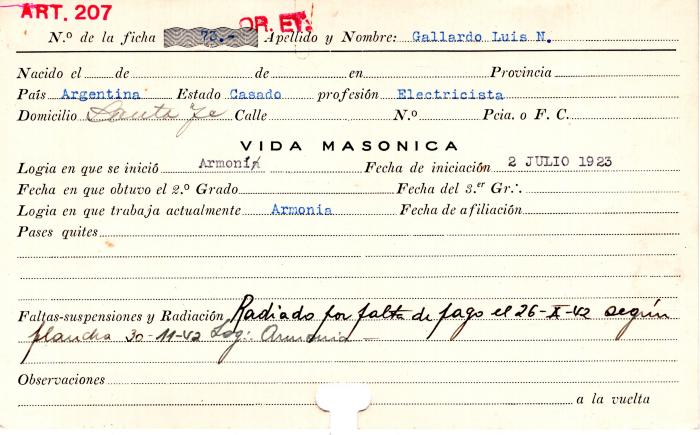 Ficha de miembro de Luis N. Gallardo.