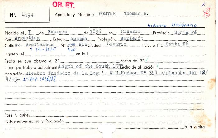 Ficha de miembro de Thomas R. Foster.