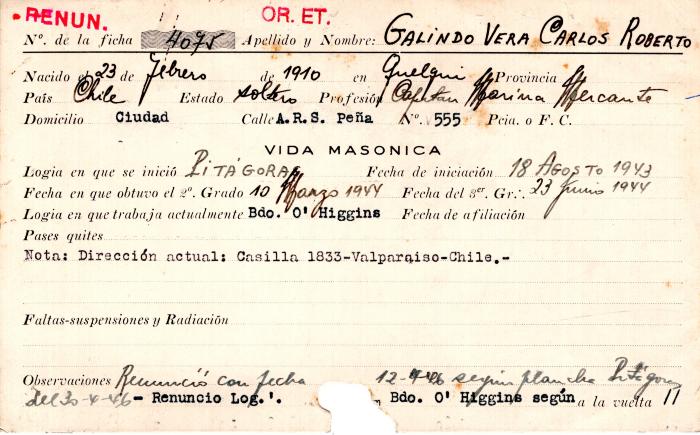 Ficha de miembro de Carlos Roberto Galindo Vera.