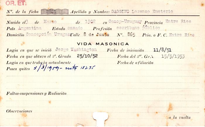 Ficha de miembro de Lorenzo Emeterio Gaggino.