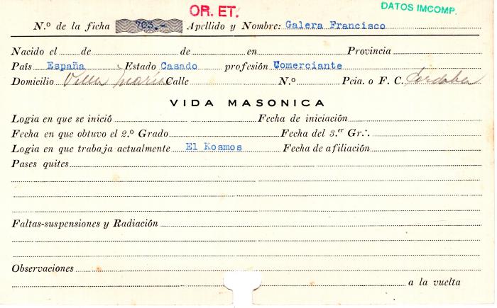 Ficha de miembro de Francisco Galera.