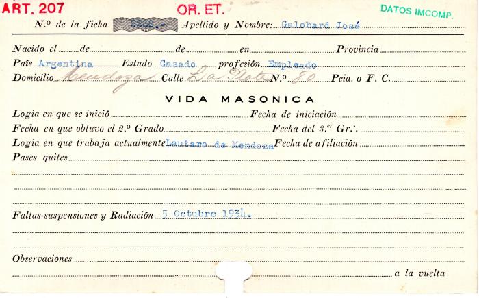 Ficha de miembro de José Galobard.