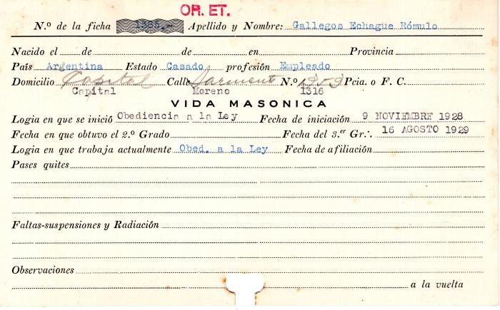 Ficha de miembro de Rómulo Gallegos Echagüe.