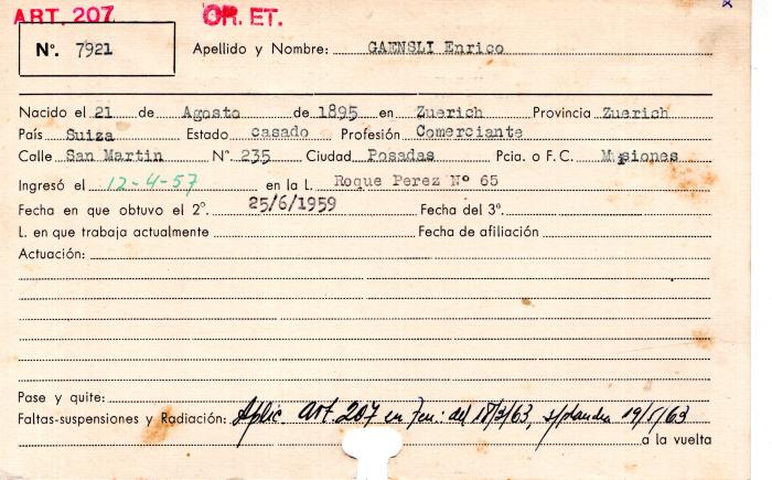 Ficha de miembro de Enrico Gaensli.