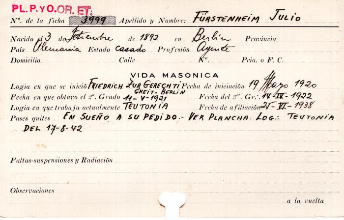 Ficha de miembro de Julio Fürsteheim.