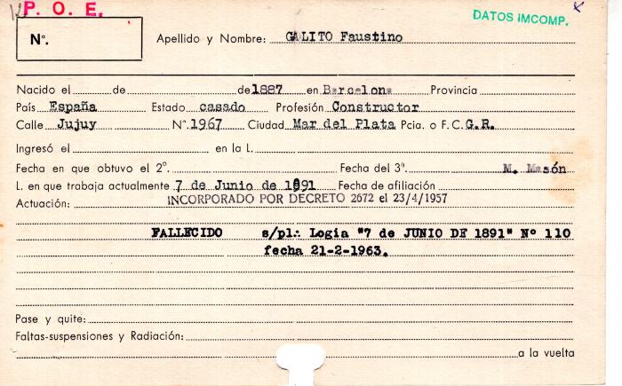 Ficha de miembro de Faustino Galito.