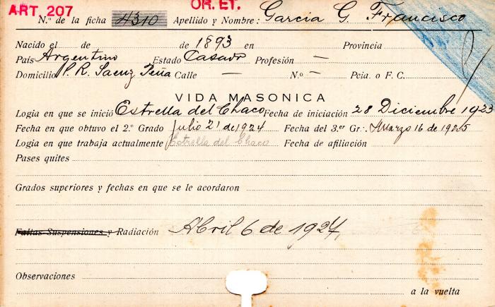 Ficha de miembro de Francisco G. García.