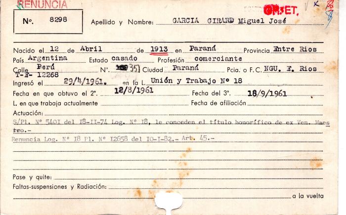 Ficha de miembro de Miguel  José García Girard.