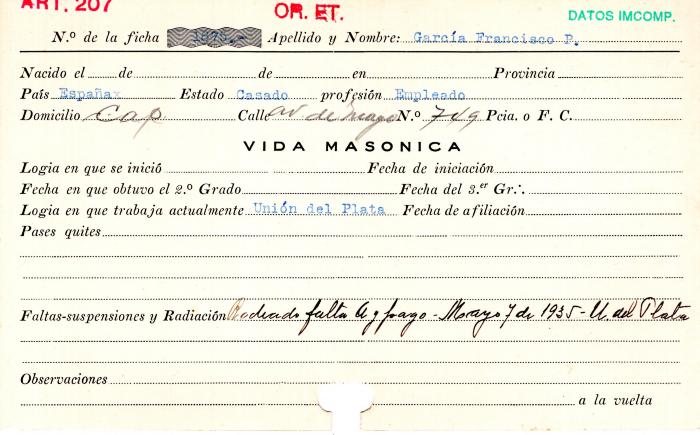 Ficha de miembro de Francisco P. García.
