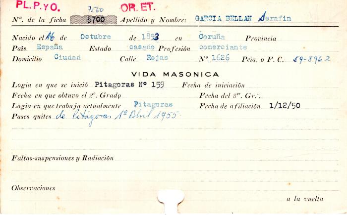 Ficha de miembro de Serafín García Bellan.