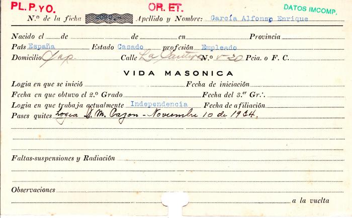 Ficha de miembro de Alfonso Enrique García.