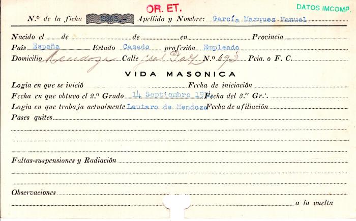 Ficha de miembro de Manuel García Marquez.