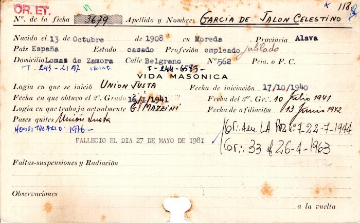 Ficha de miembro de Celestino García de Jalón.