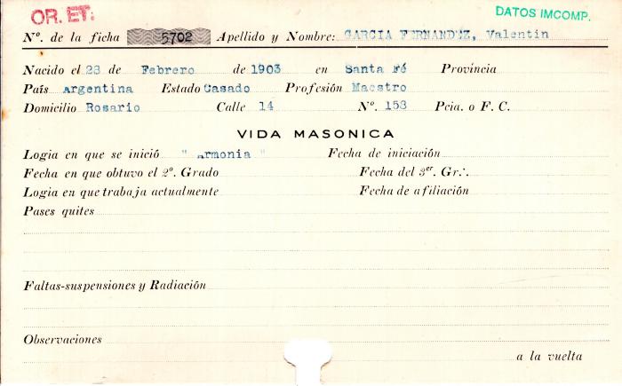 Ficha de miembro de Valentín García Fernández.