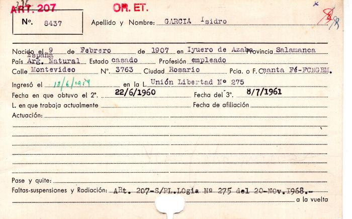 Ficha de miembro de Isidro García.