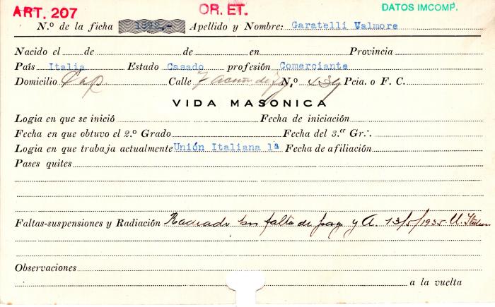 Ficha de miembro de Valmore Garatelli.
