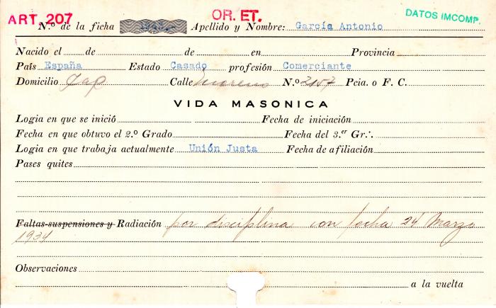 Ficha de miembro de Antonio García.