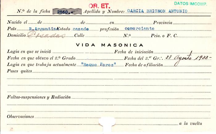 Ficha de miembro de Antonio García Brignon.
