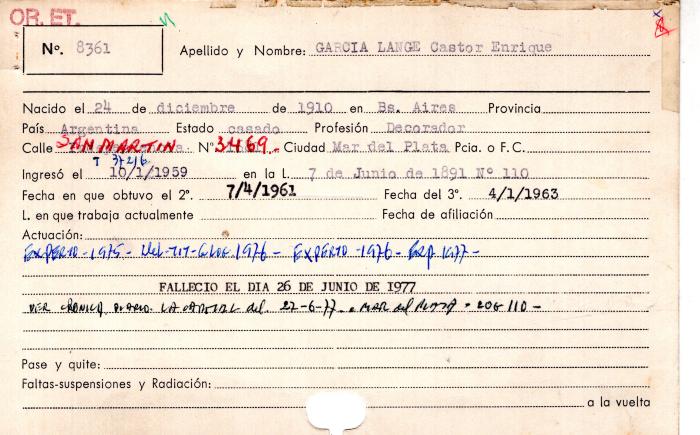 Ficha de miembro de Castor Enrique García Lange.