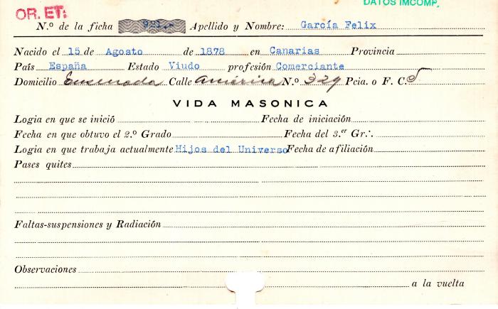 Ficha de miembro de Felix García.