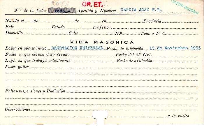 Ficha de miembro de José F. R. García.