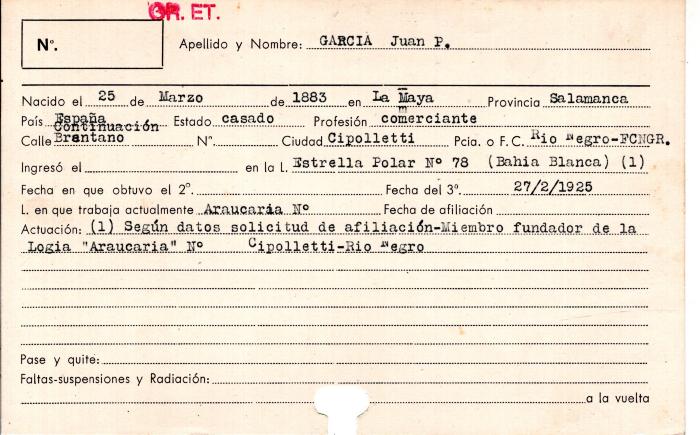 Ficha de miembro de Juan P. García.