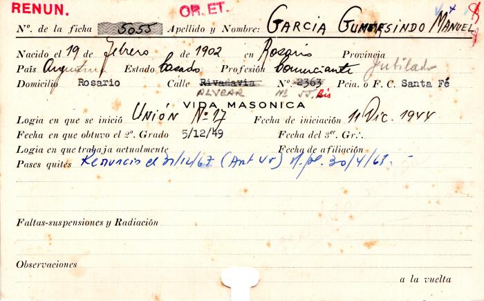 Ficha de miembro de Gumersindo Manuel García.