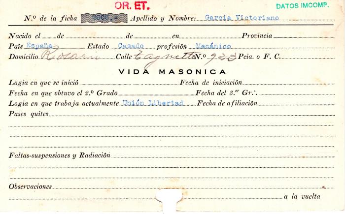 Ficha de miembro de Victoriano García.