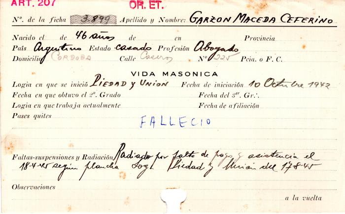Ficha de miembro de Ceferino Garzon Maceda.