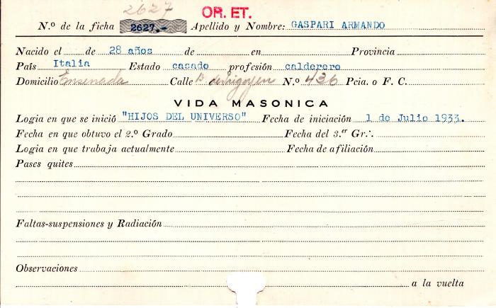 Ficha de miembro de Armando Gaspari.