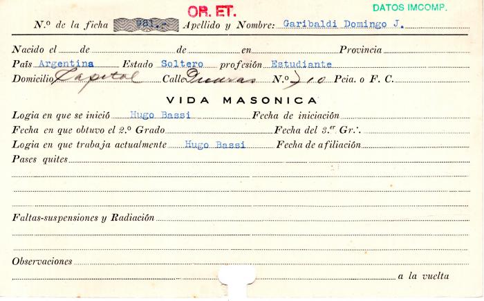 Ficha de miembro de Domingo J. Garibaldi.