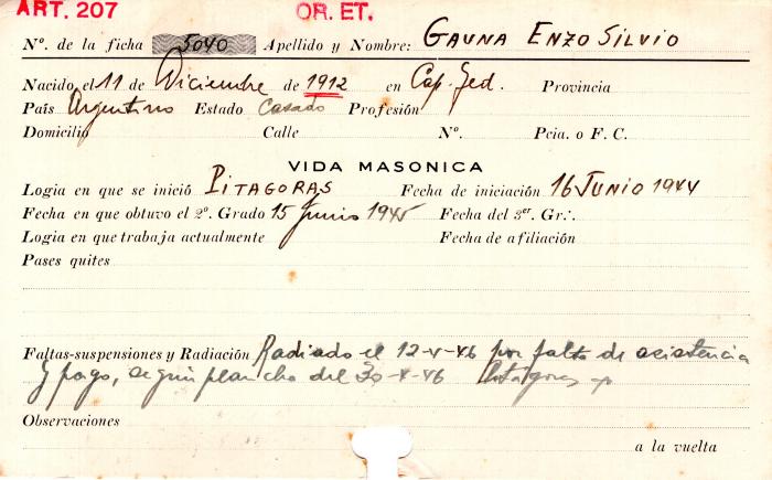 Ficha de miembro de Enzo Silvio Gauna.