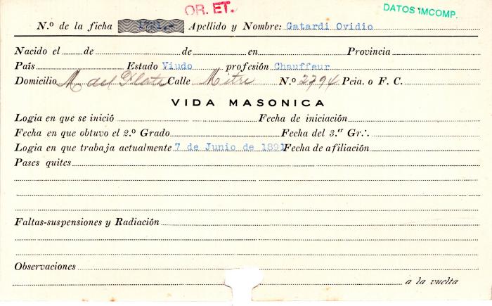 Ficha de miembro de Ovidio Gatarsi.