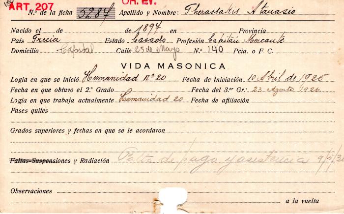 Ficha de miembro de Atanasio Gherassakis.