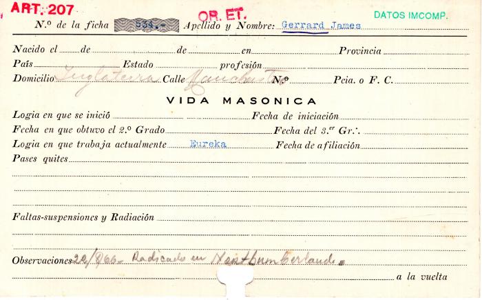 Ficha de miembro de James Gerrard.