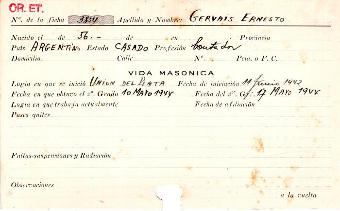 Ficha de miembro de Ernesto Gervais.