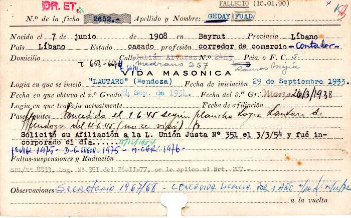 Ficha de miembro de Faud Geday.