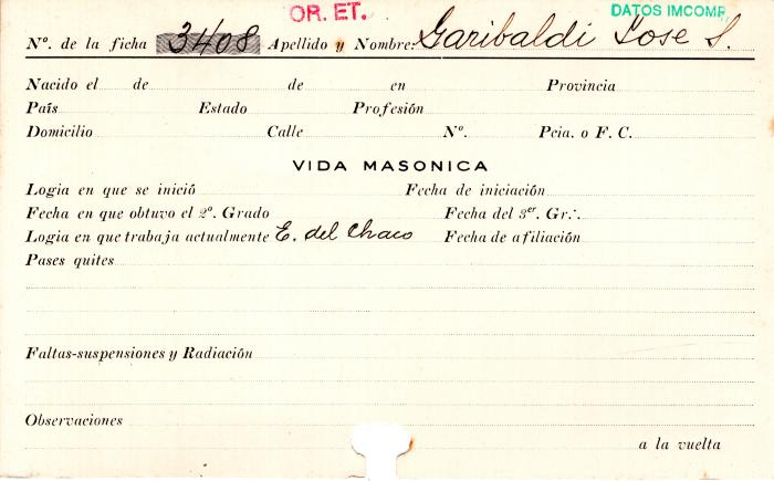Ficha de miembro de José S. Garibaldi.