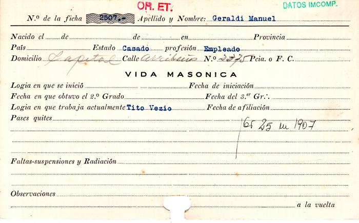 Ficha de miembro de Manuel Geraldi.