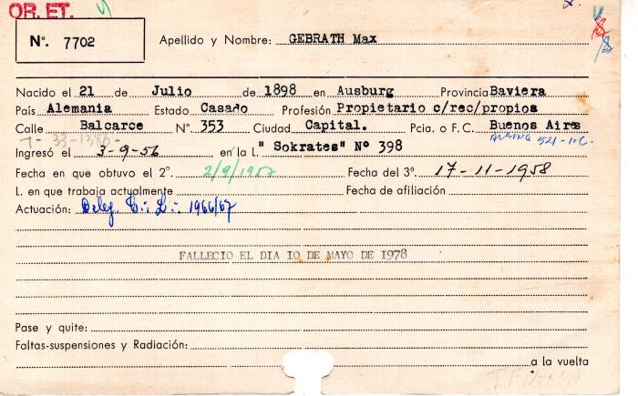 Ficha de miembro de Max Gebrath.