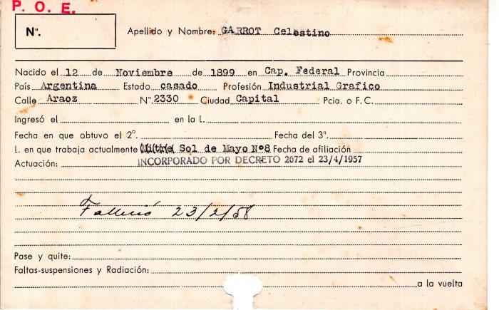 Ficha de miembro de Celestino Garrot.