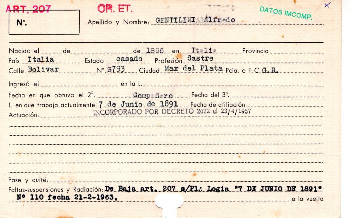 Ficha de miembro de Alfredo Gentilini.