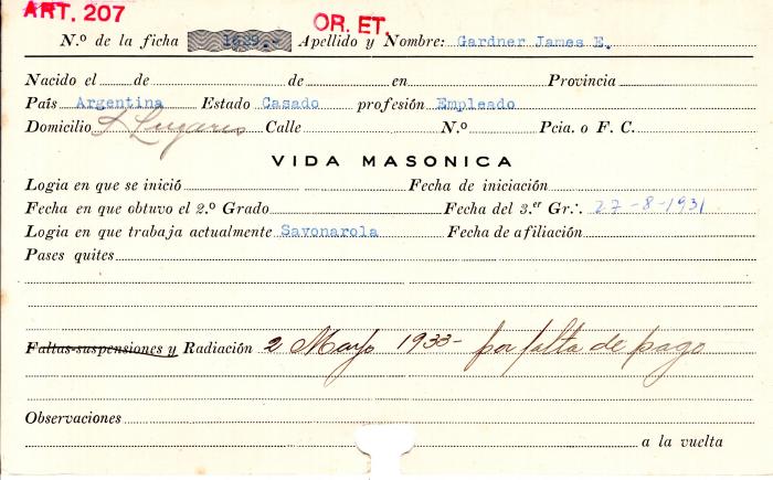 Ficha de miembro de James E. Gardner.