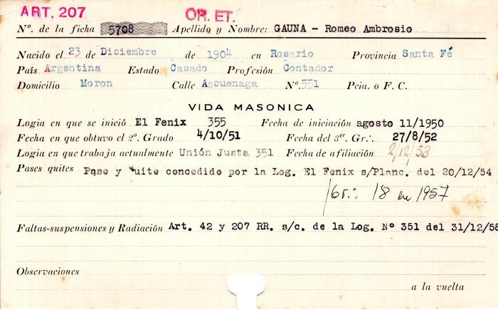 Ficha de miembro de Romeo Ambrosio Gauna.