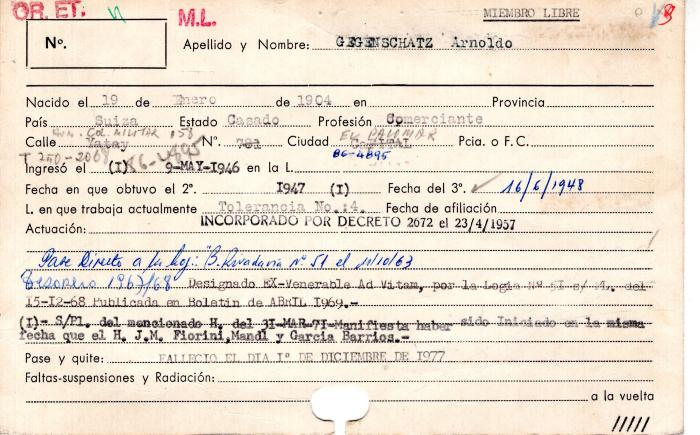 Ficha de miembro de Arnoldo Gegenschatz.