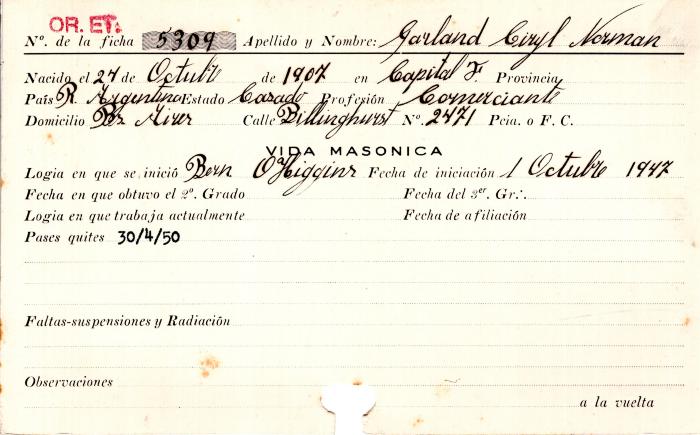 Ficha de miembro de Ciryl Norman Garland.